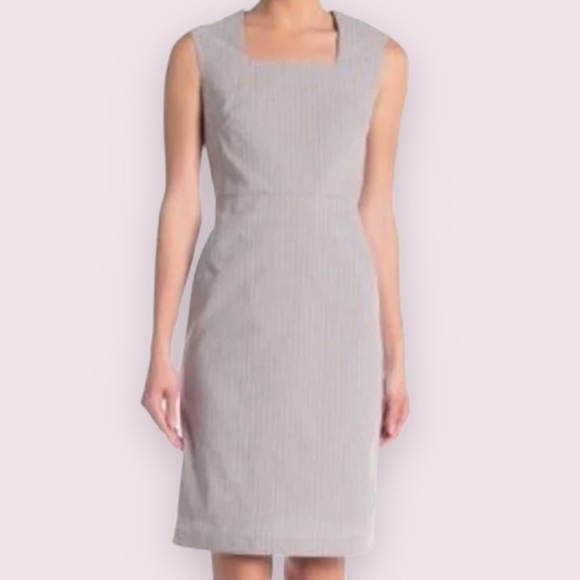 NEW Premise Women Linen Blend Blue White Pinstripe Square Neck Sheath Dress SZ 8 - Picture 2 of 12